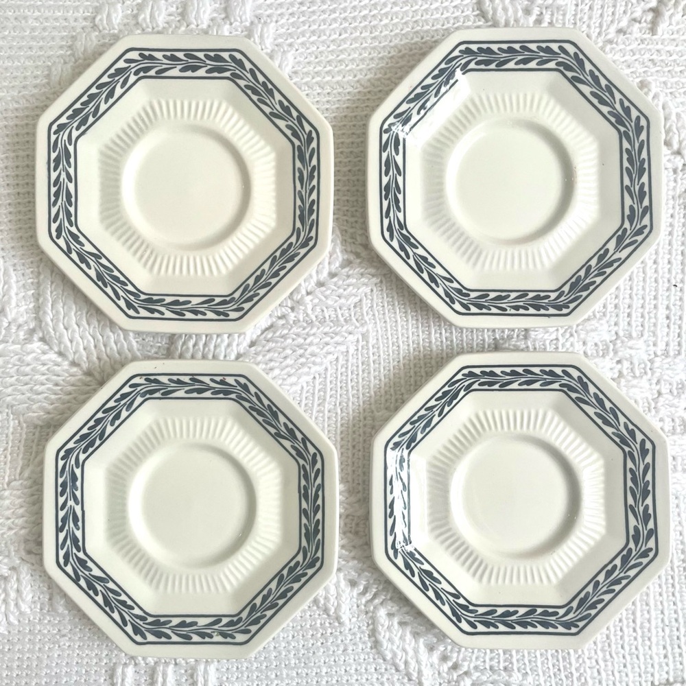 Independence Ironstone Castleton Octogonal Tulip Saucers Plates, 4pcs White Blue